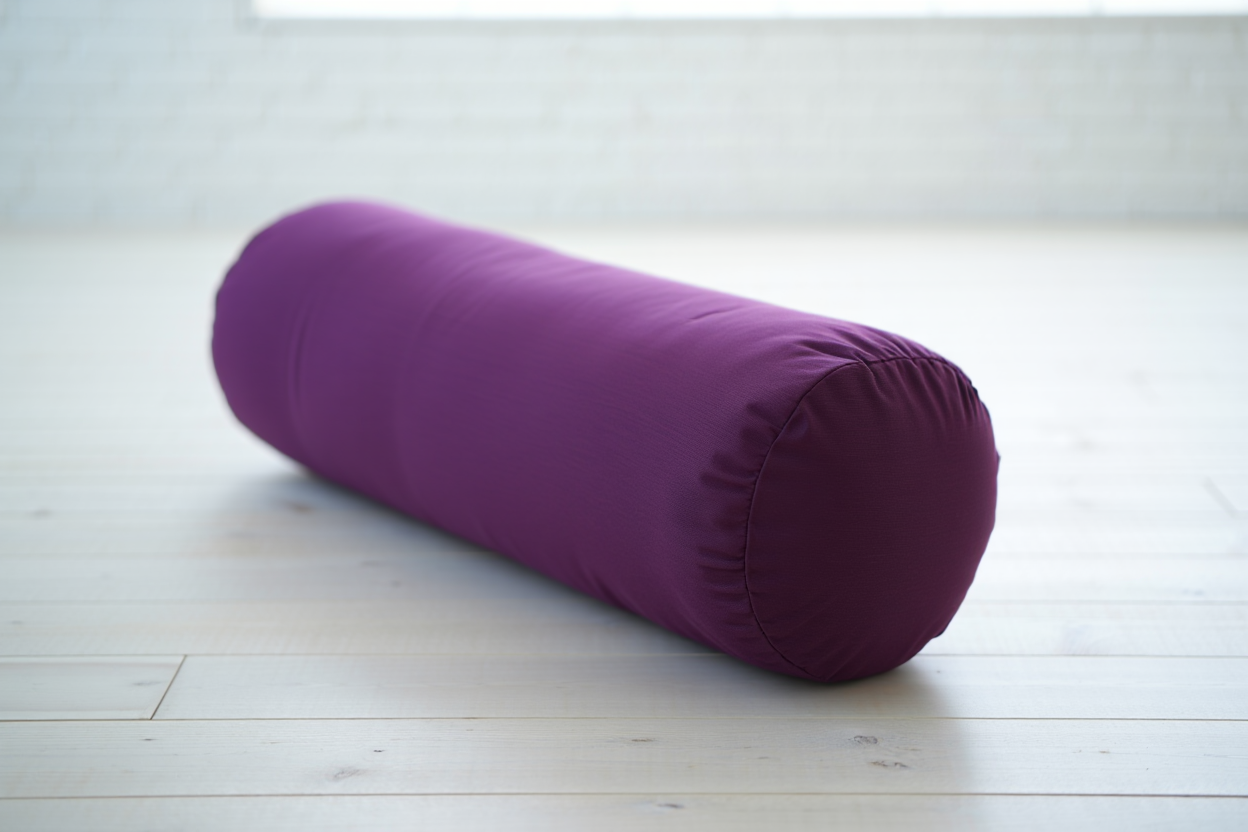 Coussin de yoga violet de type bolster posé au sol