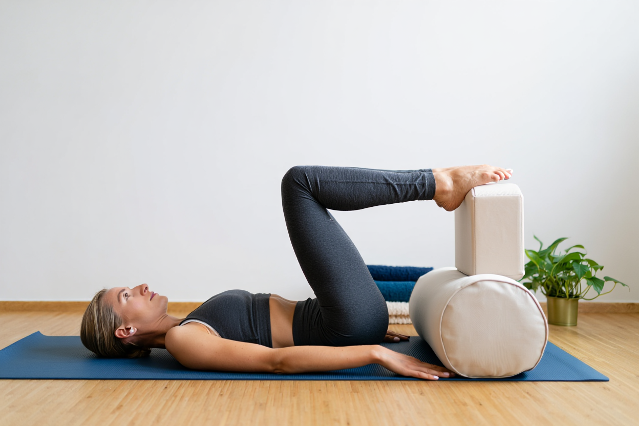 Femme pratiquant restorative yoga avec support sur tapis