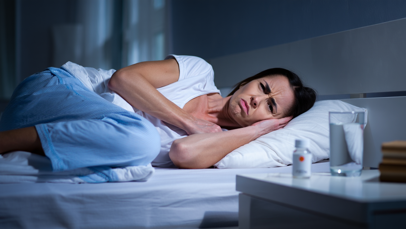 Femme souffrant la nuit à cause d’une hernie inguinale.