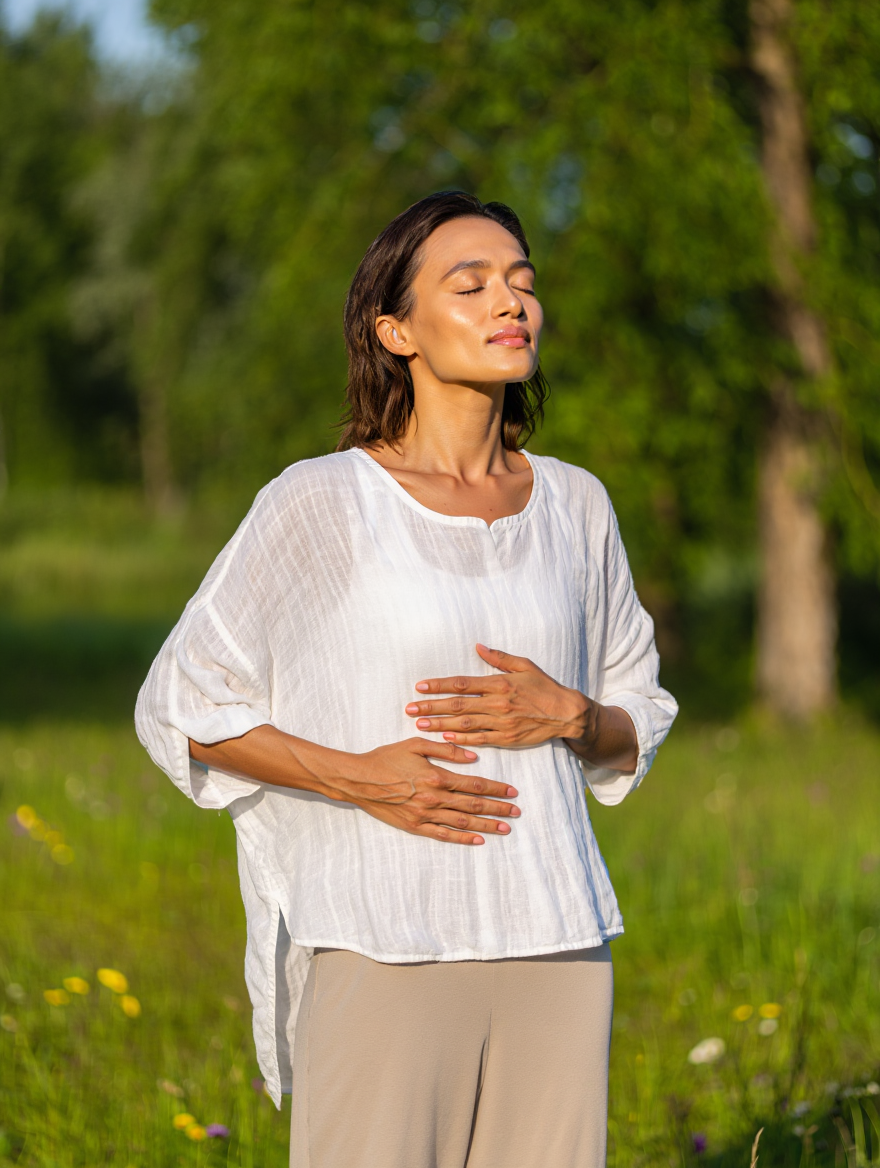 Femme pratiquant la respiration alternée en yoga en plein air.
