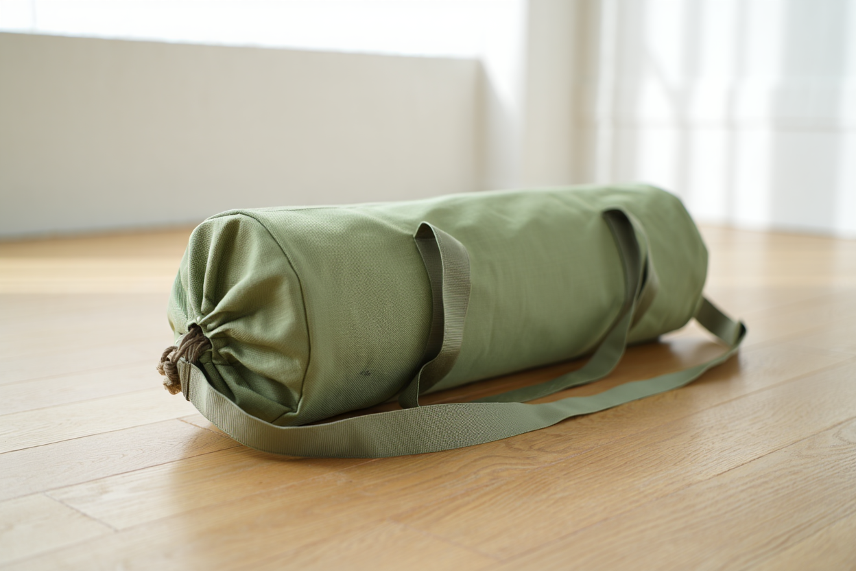 Sac de yoga vert posé sur un sol en bois.