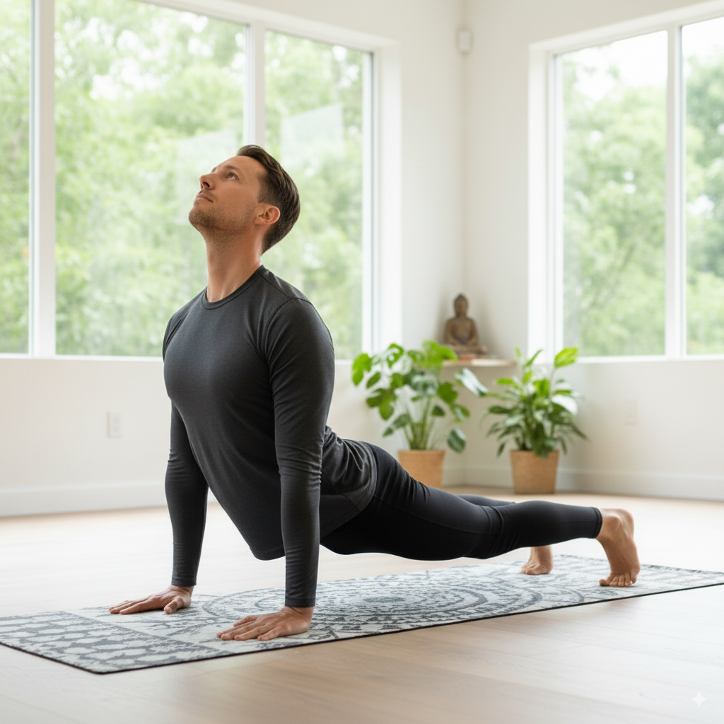 Homme pratiquant une posture de yoga en salle lumineuse sur tapis.