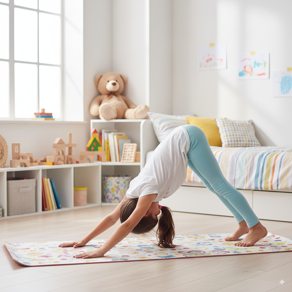 Enfant pratiquant une position de yoga simple dans sa chambre.
