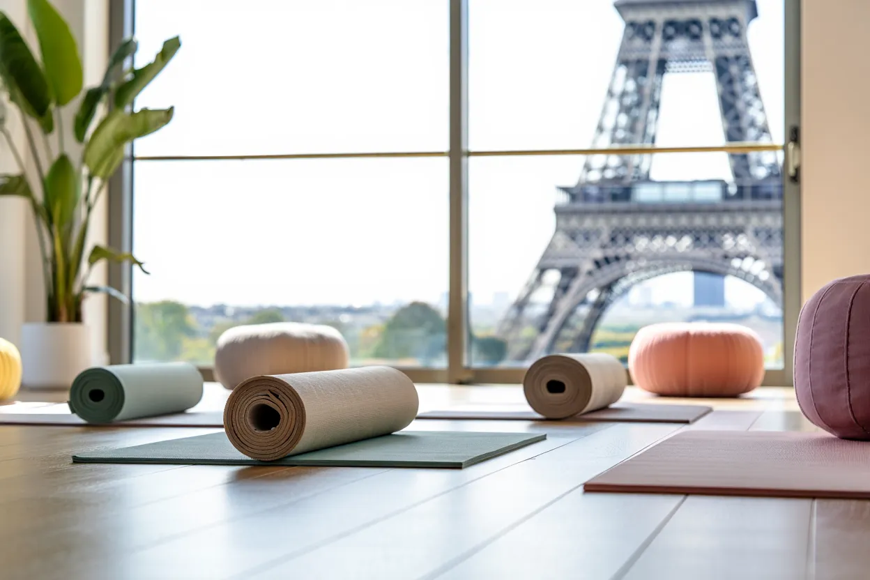 Tapis de sport en studio lumineux avec vue sur la tour Eiffel.
